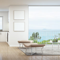 Living room, dining room and kitchen in luxury house with white picture frame- 3D rendering
